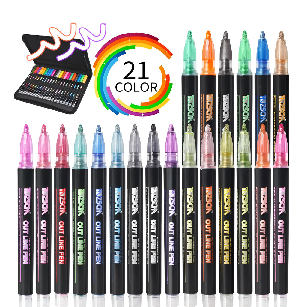 Double line pen with 21 colour refill set plastic shell water-based ink 1mm-2mm line width for hand account drawing
