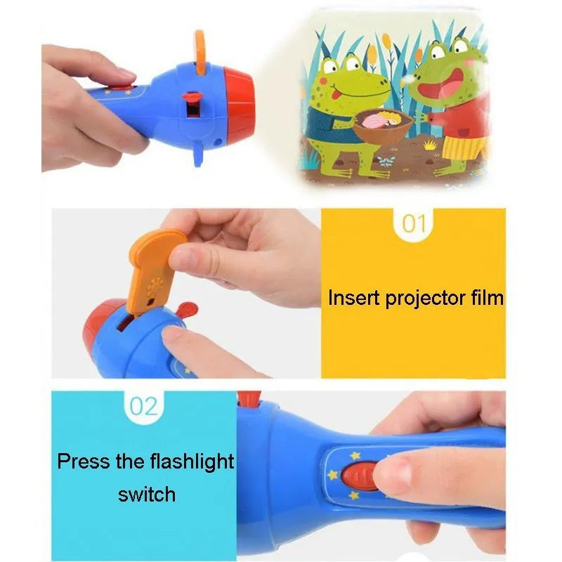 SmartKids children's story projector torch with four coloured fairy tale discs on a white background.