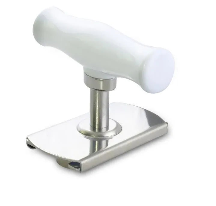White stainless steel adjustable bottle cap opener with PP handle showing gear mechanism