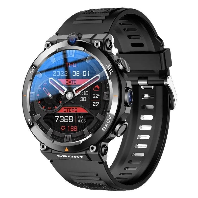 Sports smartwatch with dual cameras showing TFT touchscreen displaying heart rate monitoring and NFC functionality