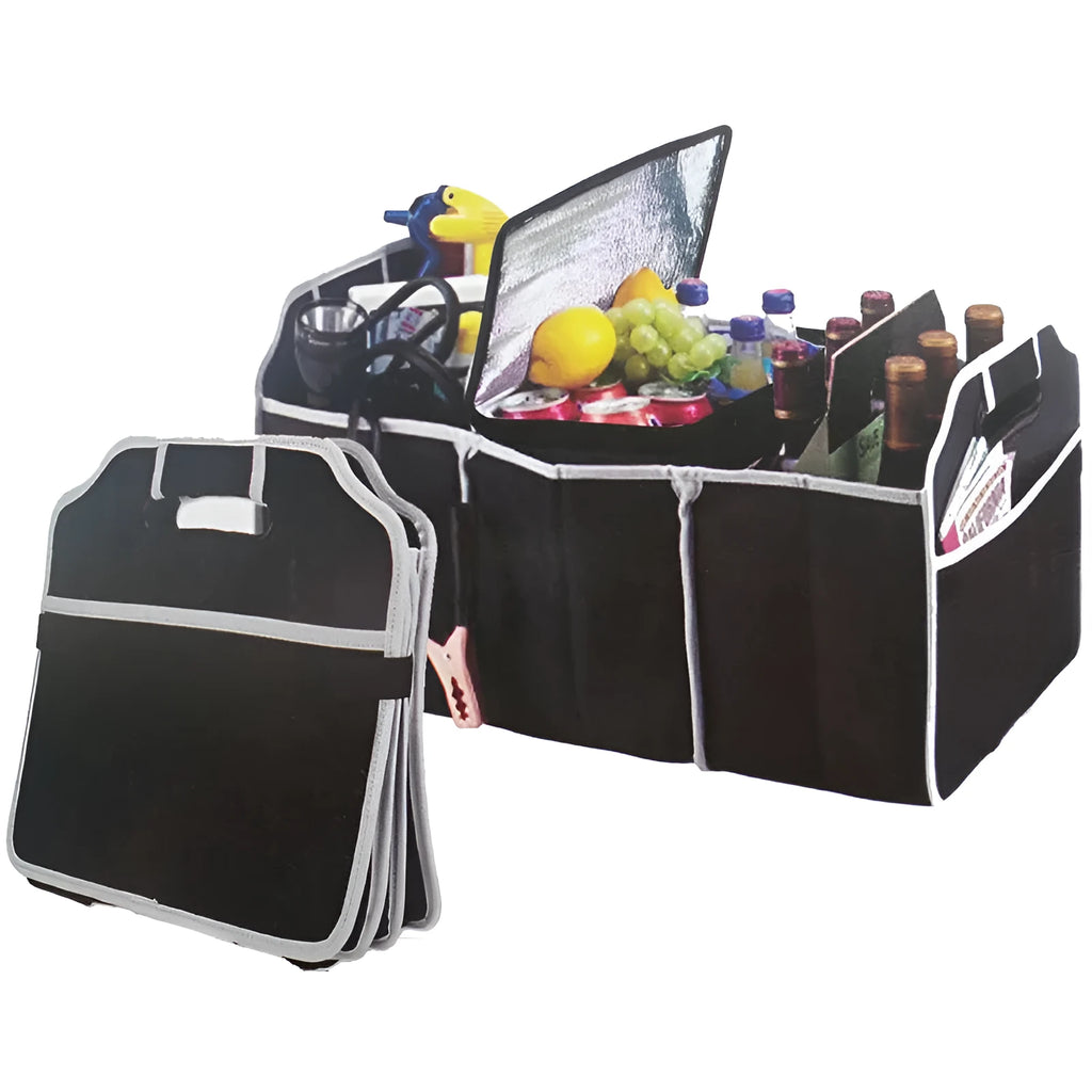 Black non-woven car storage box with three compartments and multiple pockets for vehicle organisation