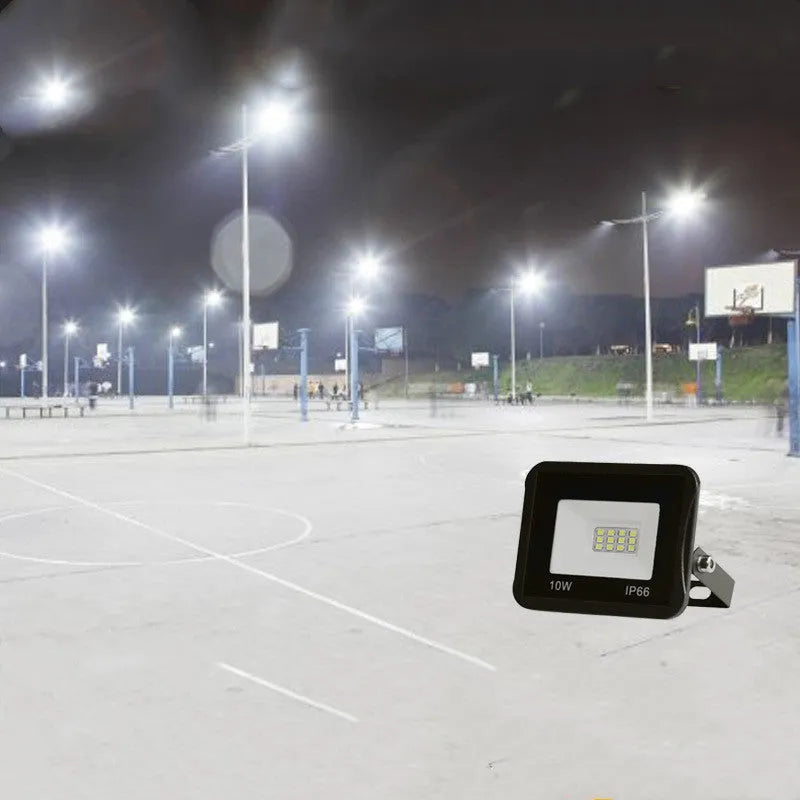 Black LED flood light with high-strength aluminium housing and glass cover, IP65 outdoor rated