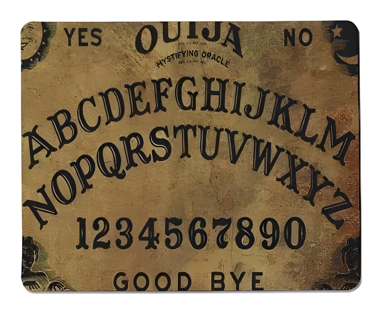 Maiyaca Ouija display board design mouse pad on a desk, rubber non-slip base, available in multiple sizes