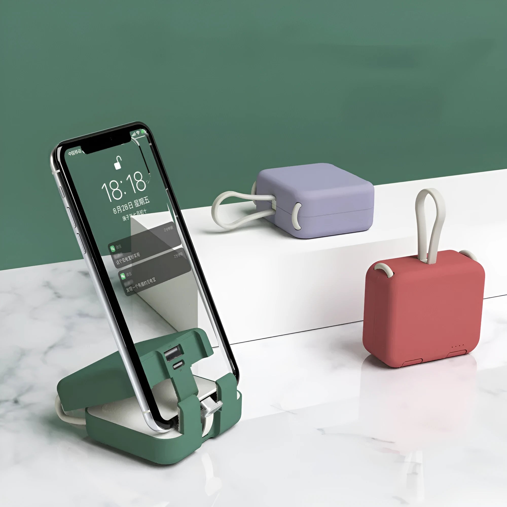 Handbag clip power bank in blue, green, red, or white showing phone stand function and charging ports