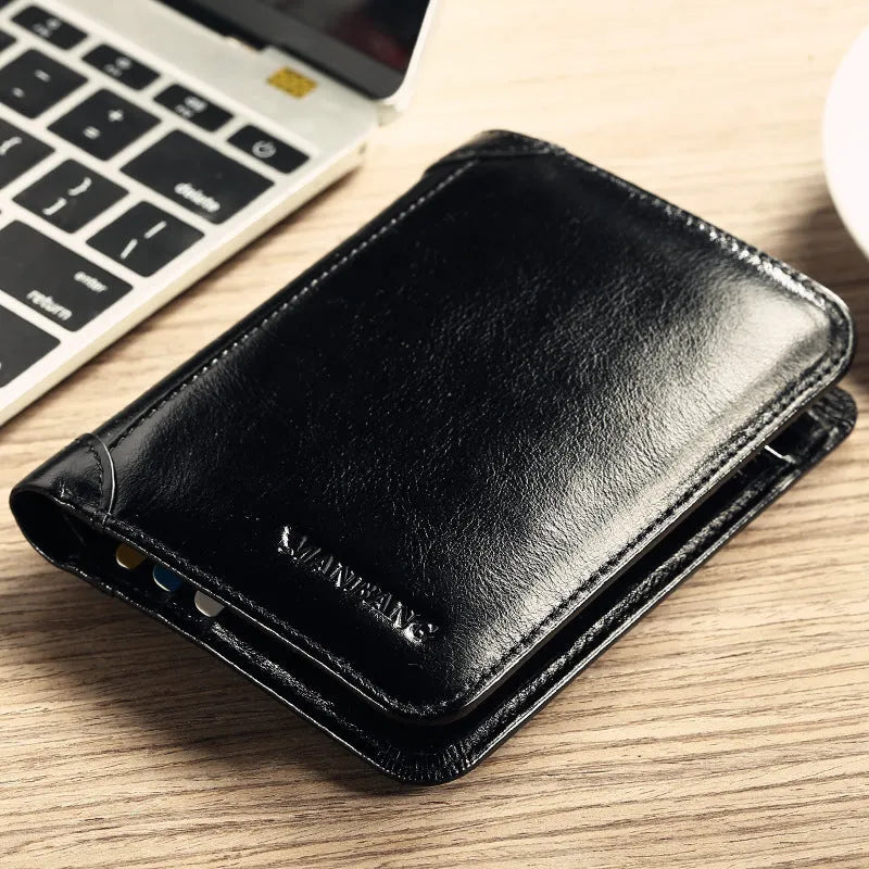 Men's black leather bi-fold wallet open to show card slots, banknote compartment, and coin pocket.