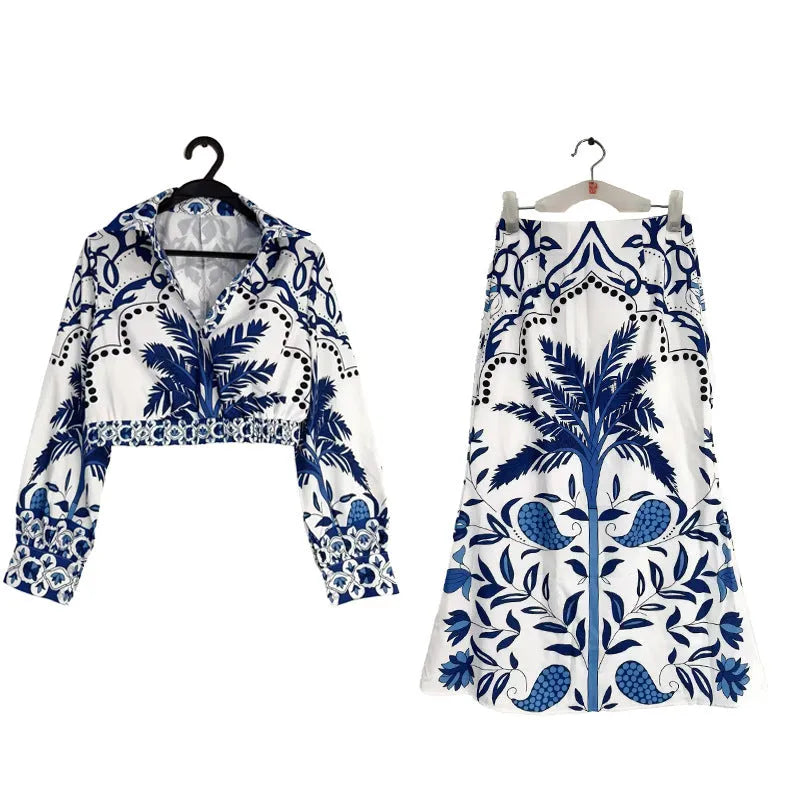 Women's casual two-piece fashion set with long sleeve top and ankle-length skirt in picture colour