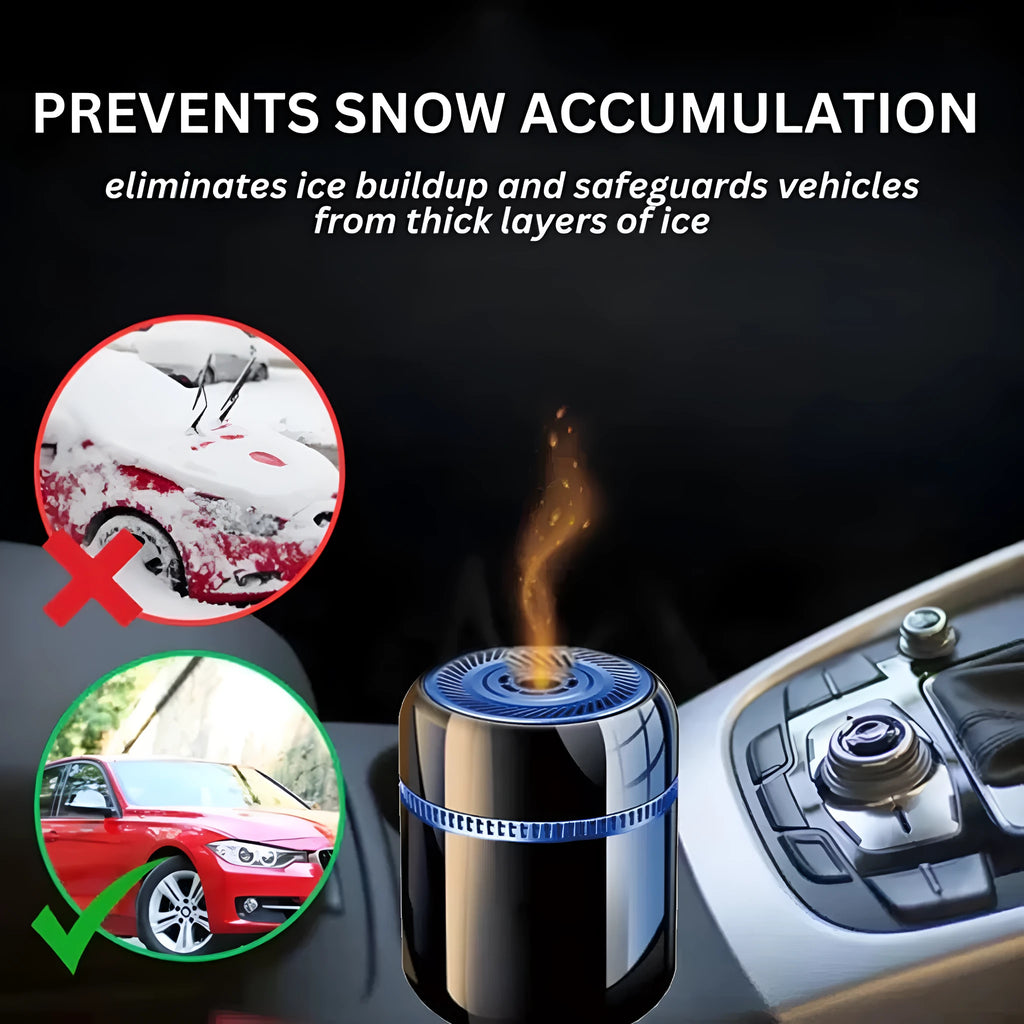 Compact 5.6 by 6.8 cm car windshield defrosting tool with power switch for heat and moisture release.