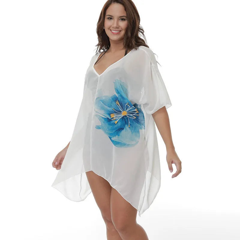 White plus size loose fit beach cover-up blouse for women.