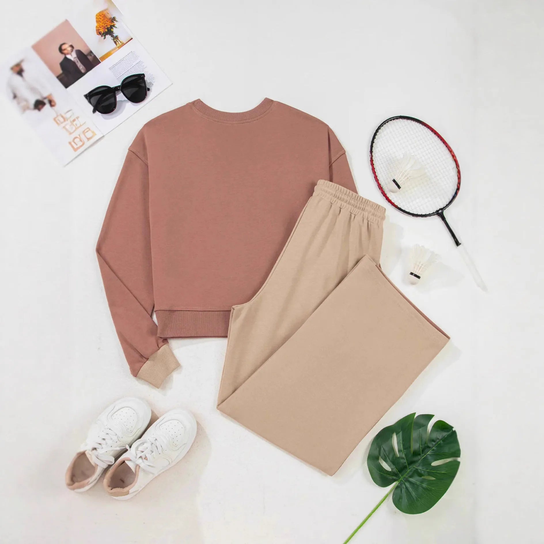 Women's camel cotton tracksuit set with matching top and trousers