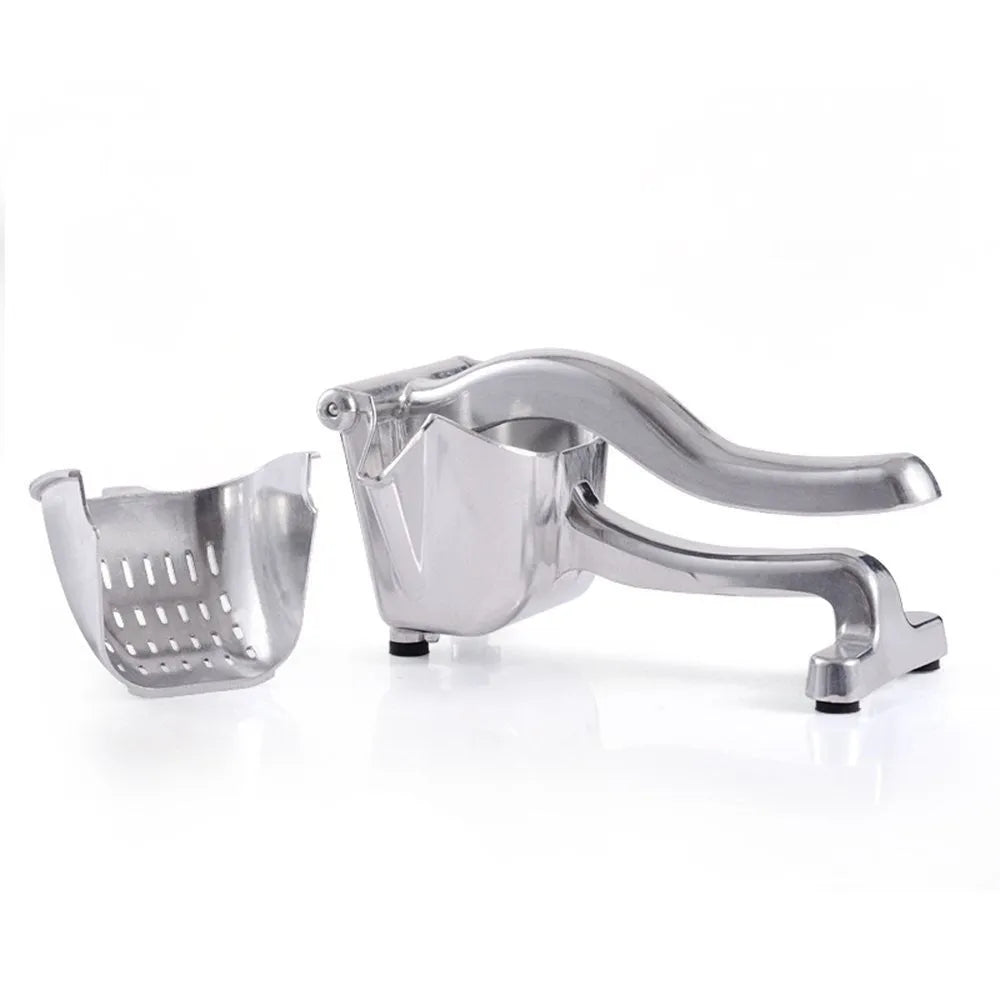Silver heavy duty aluminium alloy lemon squeezer with extra large bowl on a kitchen counter