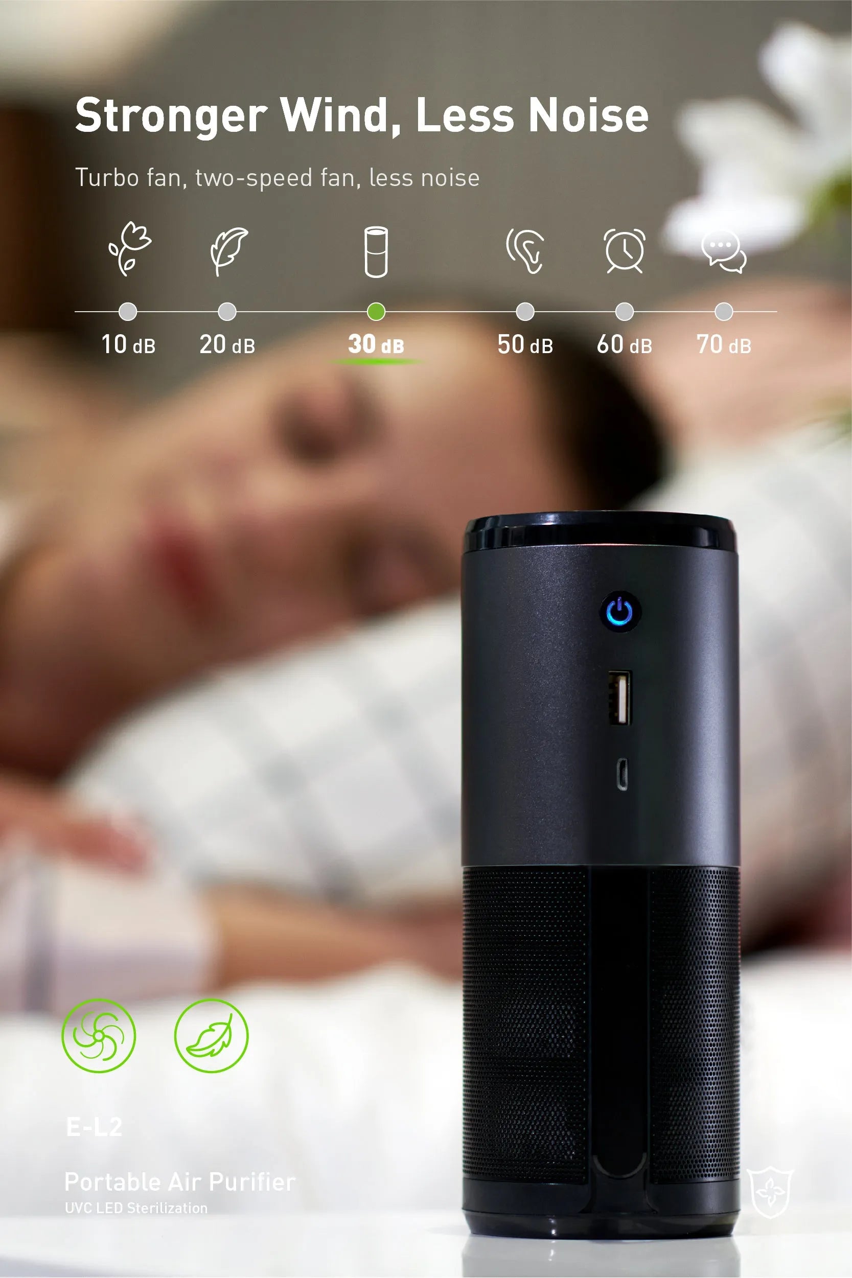 Black portable mini car air purifier with smart sensor display on metal housing