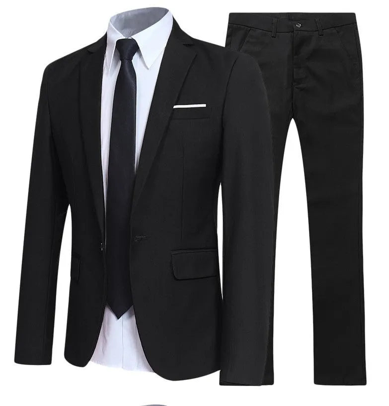 3-piece men's suit set with jacket, trousers, and white shirt in black, polyester fabric, back centre vent, front view