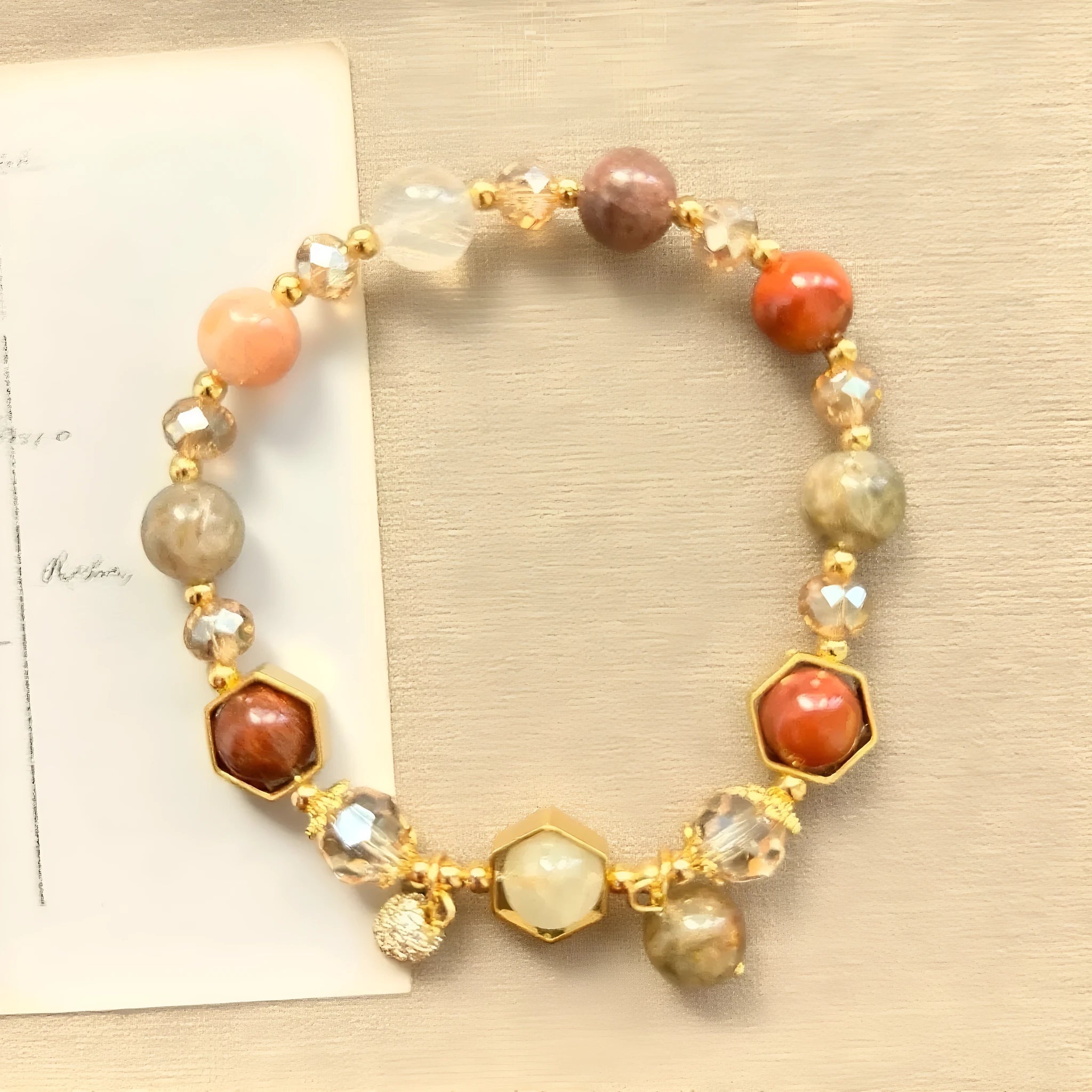 Gold citrine bracelet with hand-woven 8mm beads featuring Chinese auspicious charms