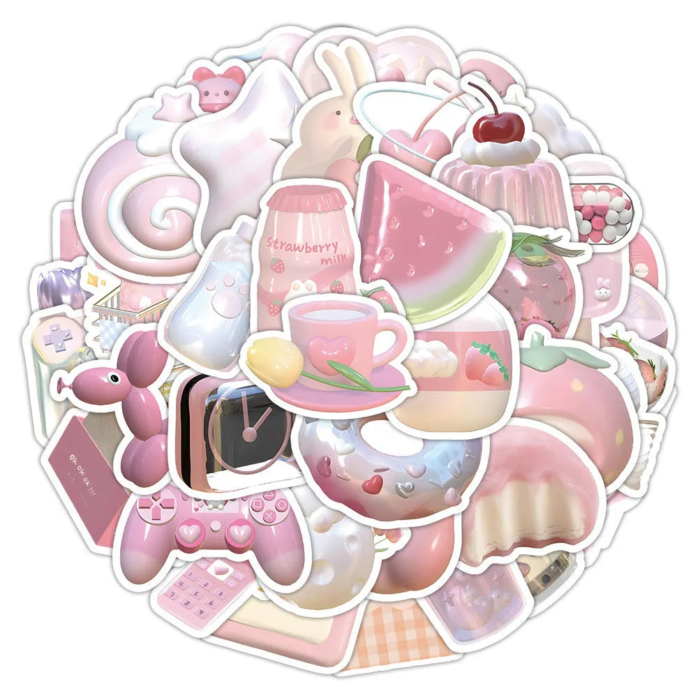 Sheet of 63 pink girl heart decorative stickers with 3D effect in cute style