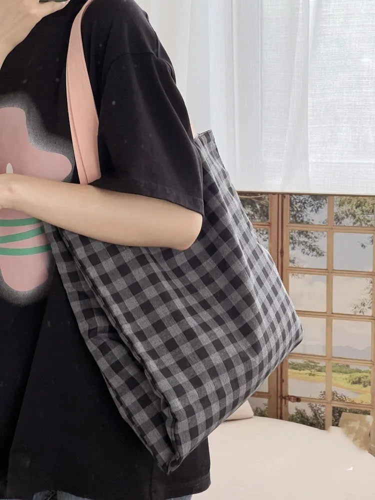 Canvas tote shoulder bag in plaid or striped design with multi-layer compartments