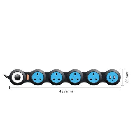 White UK standard power strip with 345 socket positions, 2 USB ports, and 4m cable