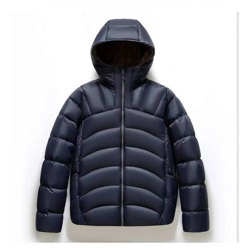Unisex hooded down jacket in solid colour with ribbed cuffs and hood, front view