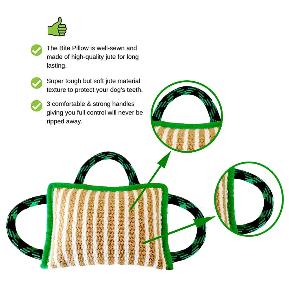 Jute dog tug toy with three rope handles showing 26 cm bite pillow for medium large dogs