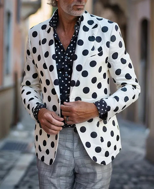 Men's black slim fit two-button suit jacket with large top-stitch pockets