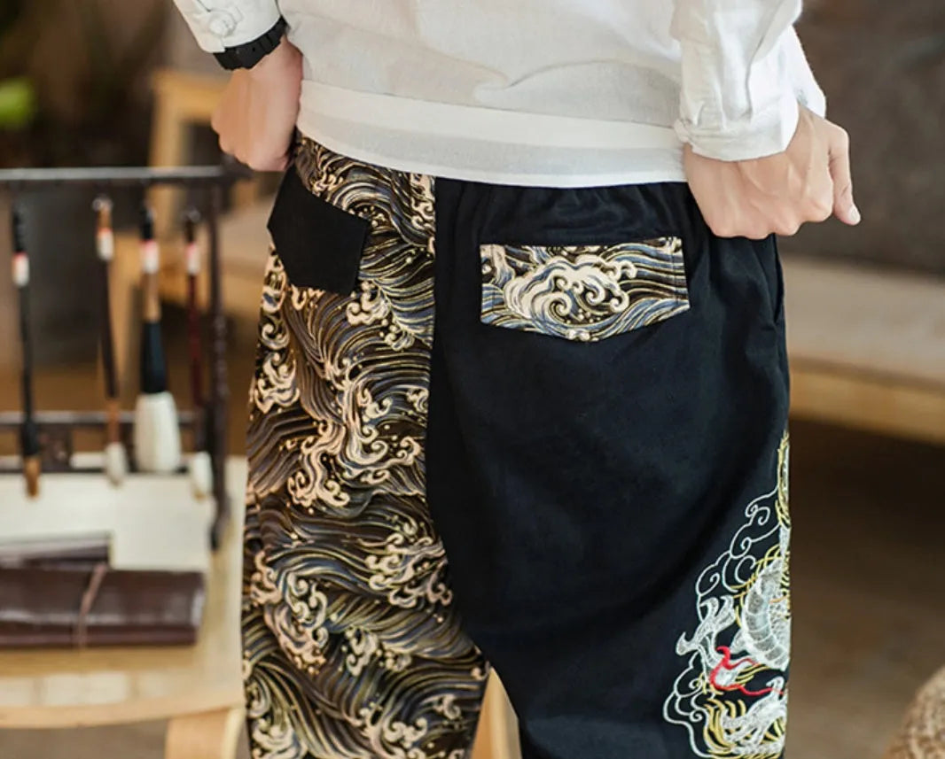 Embroidered silver dragon casual trousers in khaki, cotton fabric, mid waist, men's sizes M to 5XL