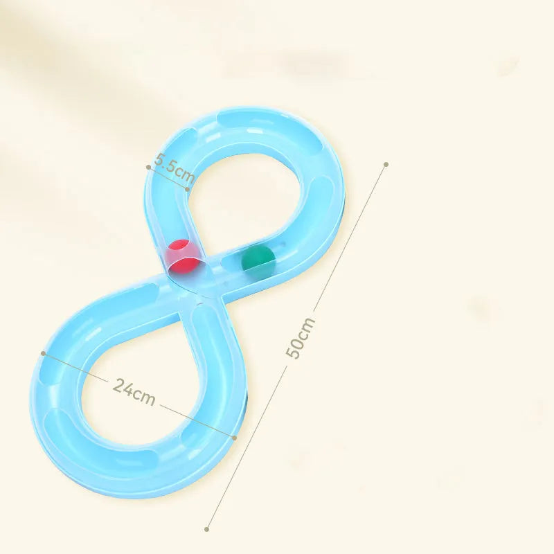 Blue and white cat turntable track ball toy with rotating stick for indoor feline play