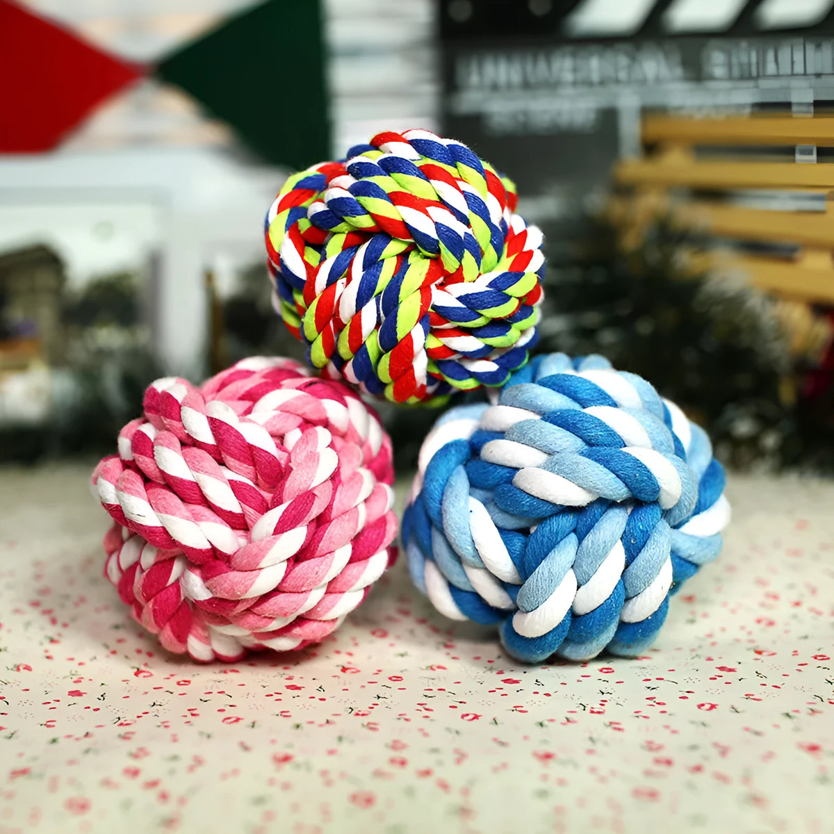 Hand-woven cotton rope ball for dogs, 7 cm diameter, available in blue multicolor pink