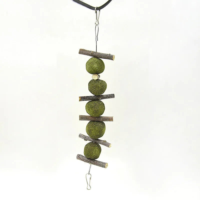 Hanging pet molar string toy with 5 natural grass balls and 6 apple branches for small animals