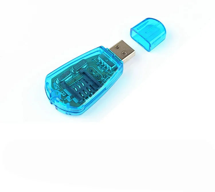 Blue USB 2.0 SIM card reader for mobile phone data backup and management.
