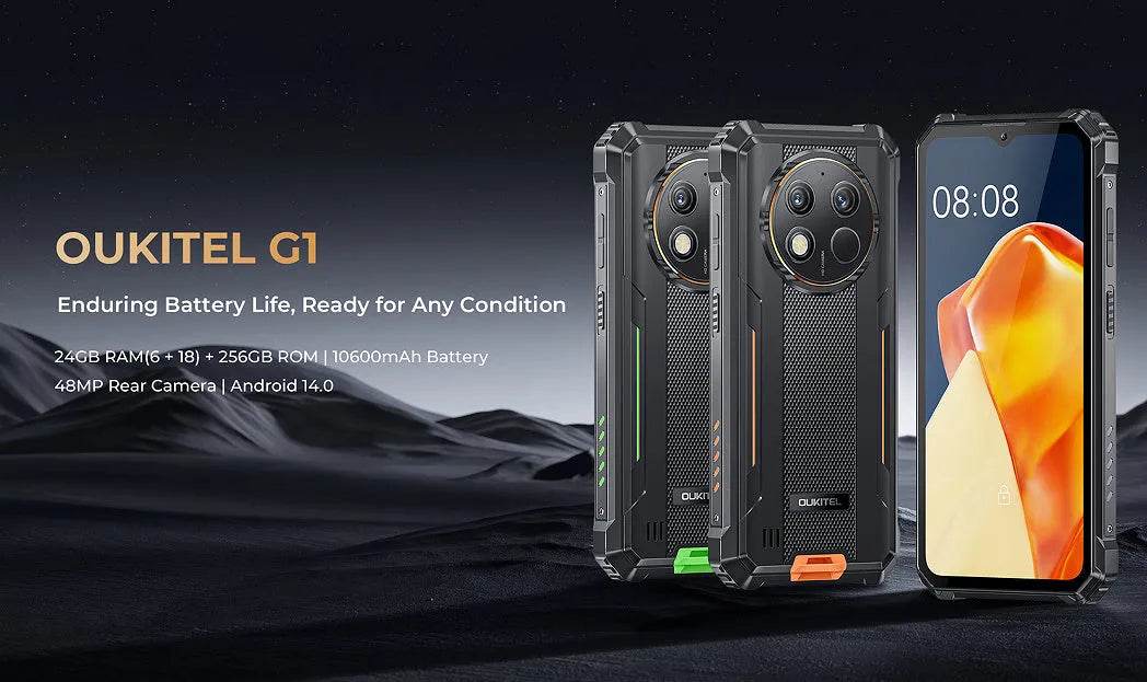OUKITEL G1 Android mobile phone in grey, green, and orange colour options with included charger.