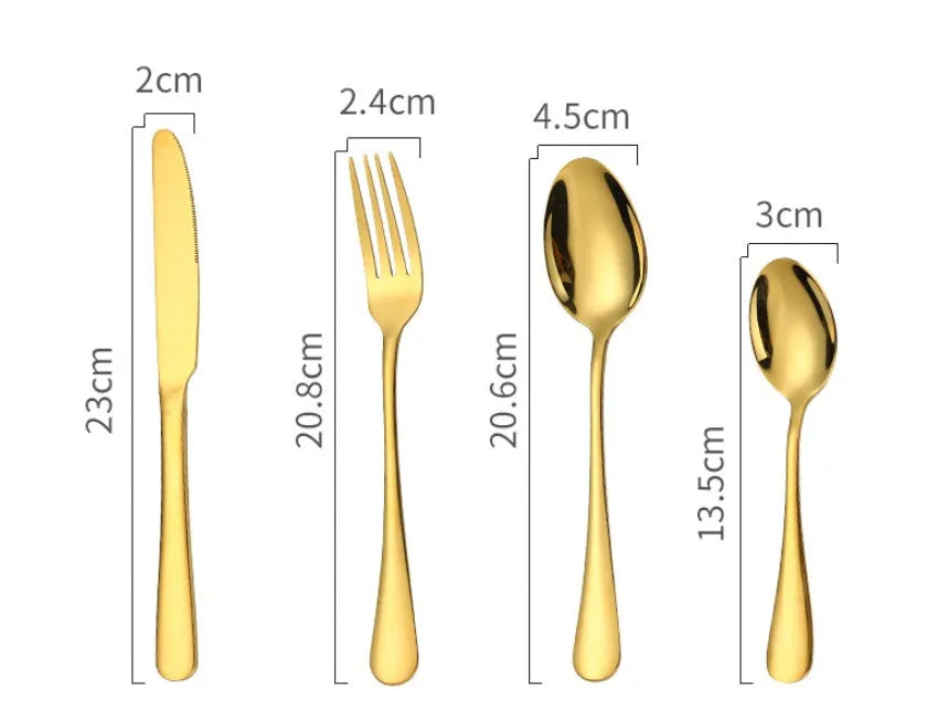 24-piece stainless steel cutlery set for six place settings showing knife, fork, and spoon options in different colour finishes.