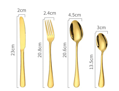 24-piece stainless steel cutlery set for six place settings showing knife, fork, and spoon options in different colour finishes.