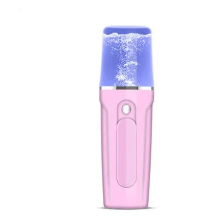 Pink handy nano mist sprayer with 26ml water tank and 2200mAh power bank on white background