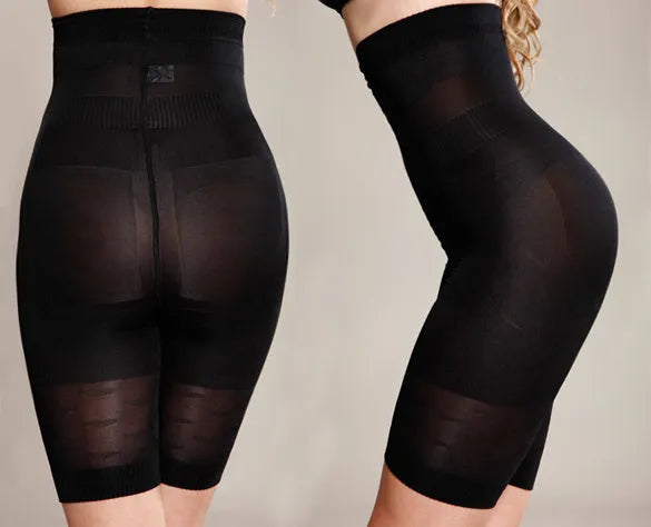 Black seamless high waist shapewear shorts for women on a mannequin, showing tummy control design.
