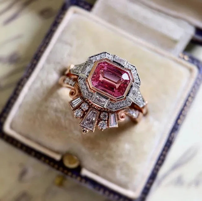 Rose gold geometric women's ring with ruby design in European American retro style