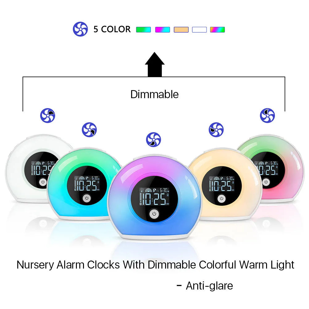 Digital music alarm clock with VA LCD screen and five fluorescent light types, compact 130 x 120 x 75 mm
