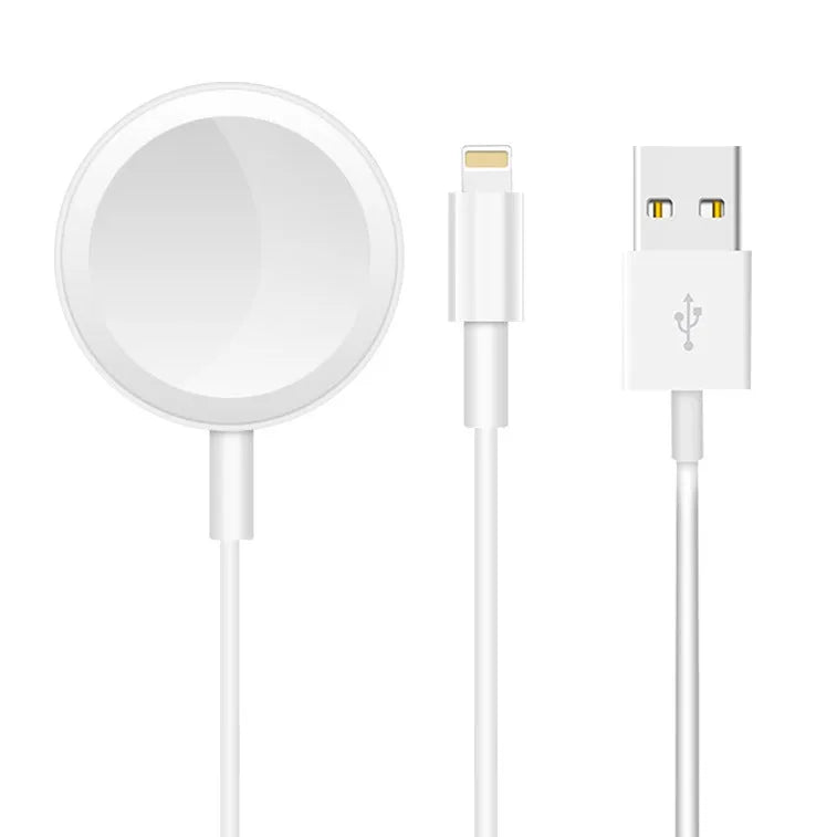 White two-in-one wireless charging pad for smartwatches and fitness trackers with USB cable.