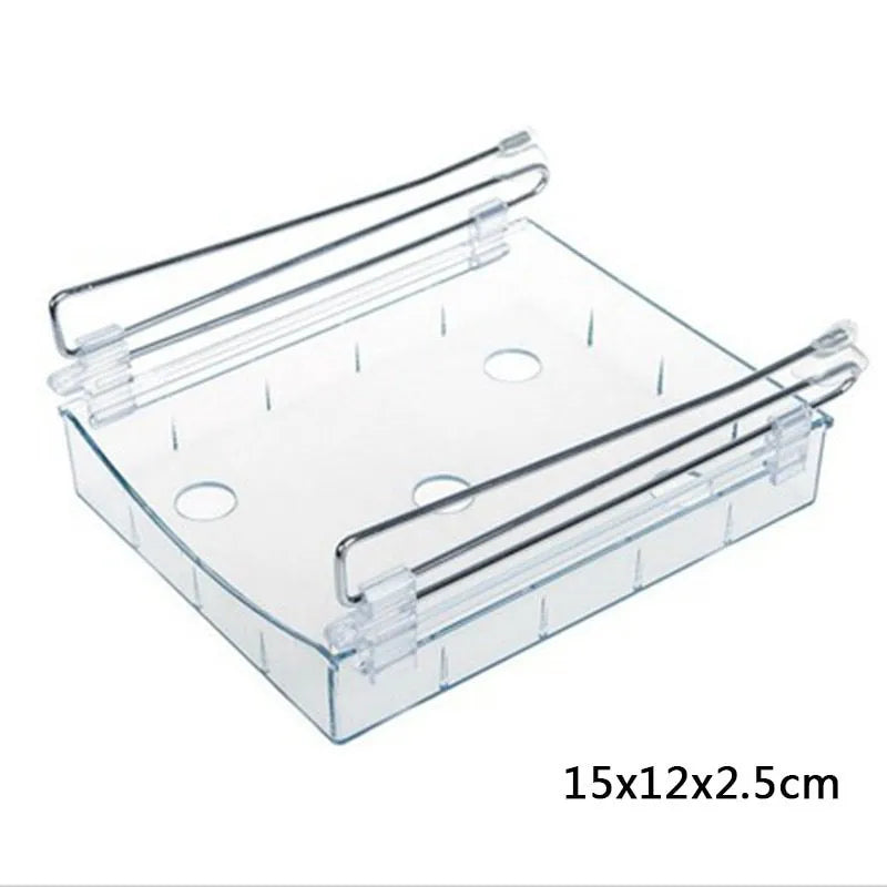 Hanging plastic refrigerator storage rack with drawer compartments and clapboard design for kitchen organisation
