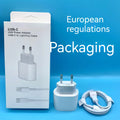 White PD20w 20W USB Type-C charger with 1 metre Lightning cable on white background