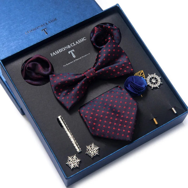 Men's 8-piece rayon jacquard bow tie set, heart shape arrow style, monochrome pattern, 146cm length