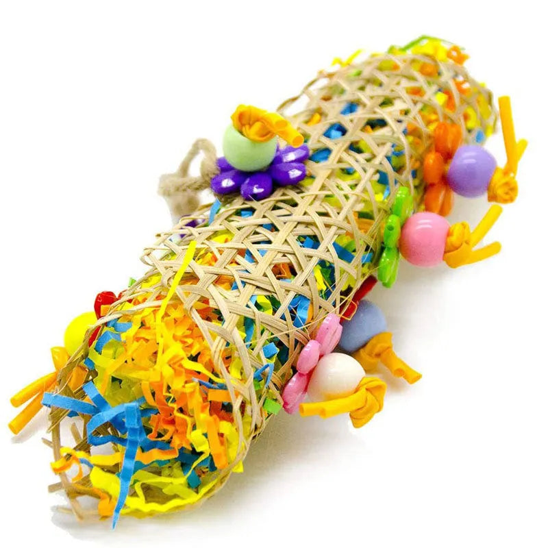 3pcs bird toy set with natural bamboo, cotton rope, brushed rattan ball and grass wooden elements in multicolour