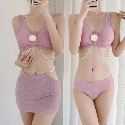 Bear Vacation women's three-piece bikini set in pink or black for swimming and hot springs.