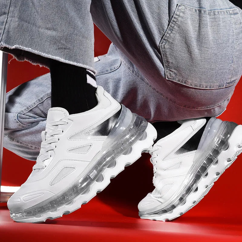 Men's full palm air cushion sports daddy shoes in white, PU upper, wear-resistant outsole, side view
