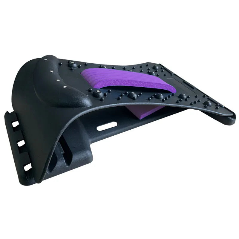A black back massager and stretcher device with plastic pins and magnetic points on an adjustable frame.