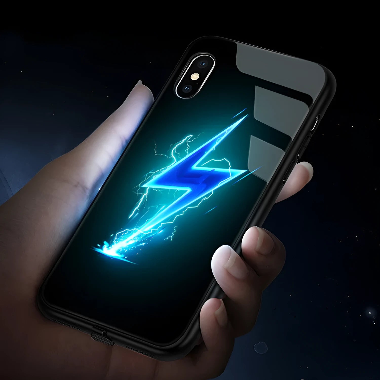 iPhone case with tempered glass back showing cool lightning design and integrated LED light flash