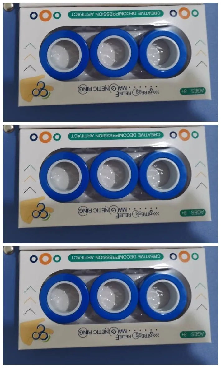 Blue magnetic plastic rotating fidget ring showing internal diameter of 1.8cm.