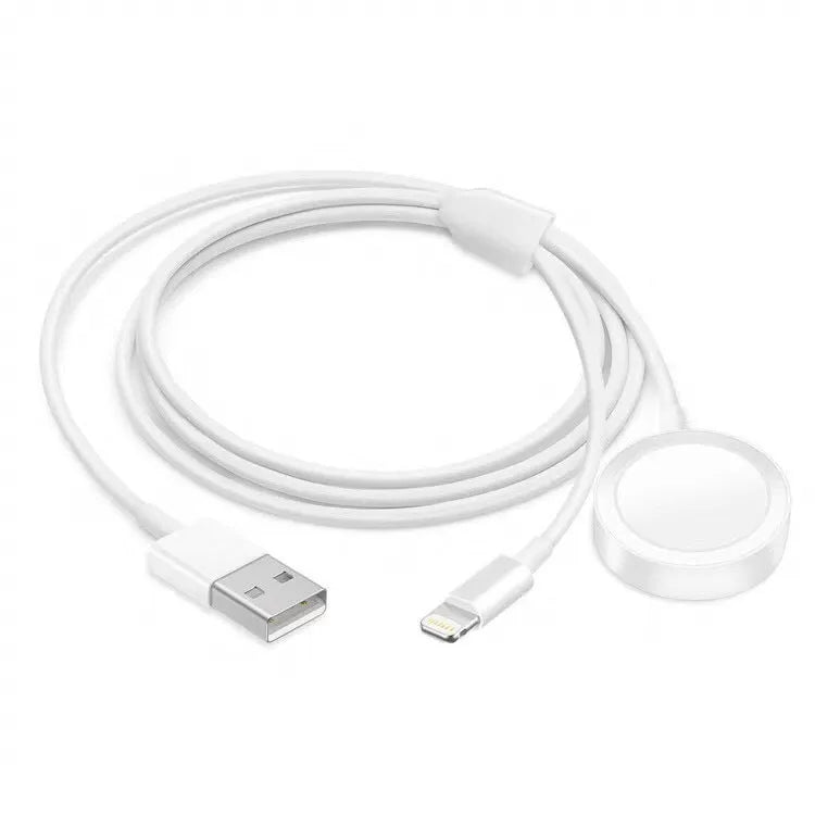 White two-in-one wireless charging pad for smartwatches and fitness trackers with USB cable.