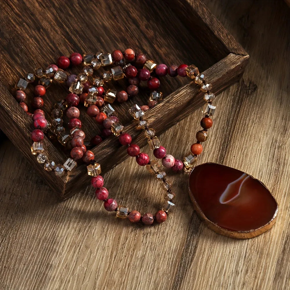Bohemian natural stone agate water drop pendant necklace with glass beads, available in multiple colours