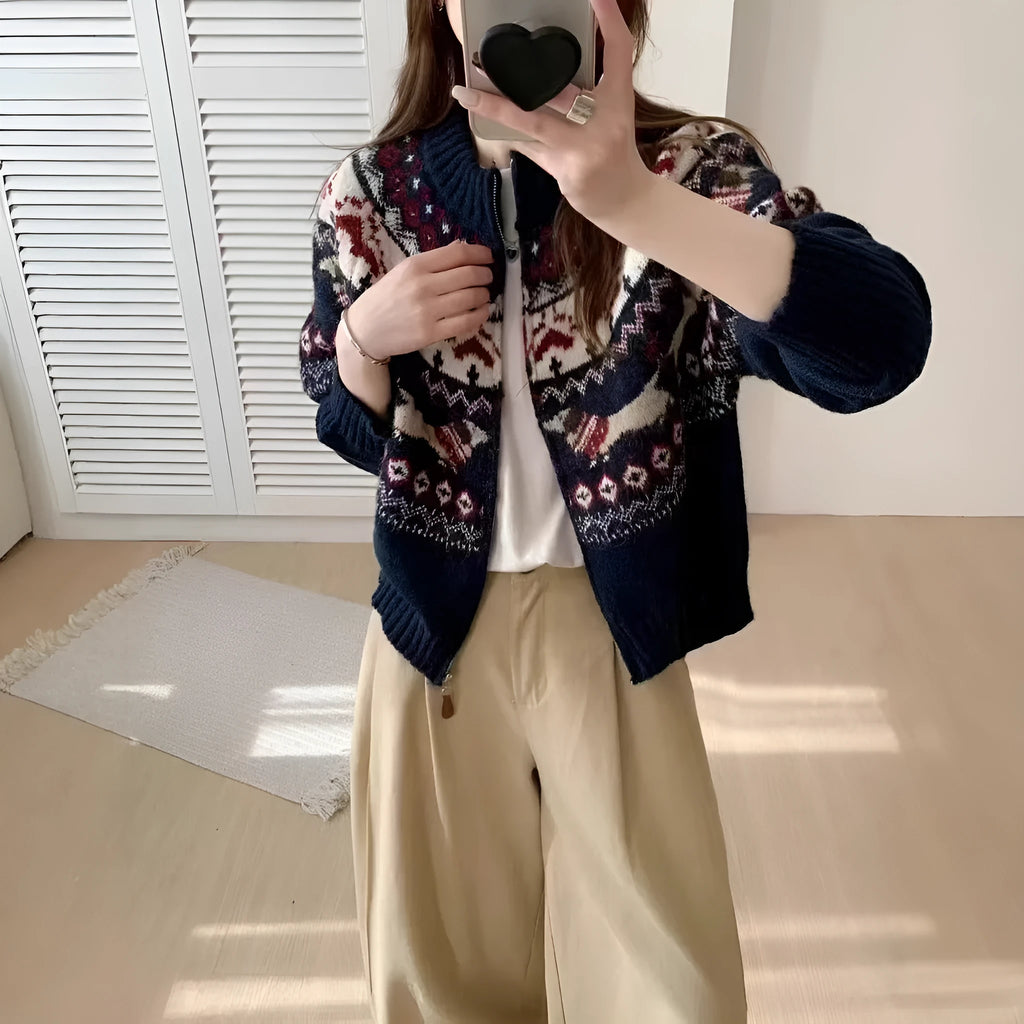 Ethnic style heavy industry jacquard round neck pullover sweater in apricot, loose fit, long sleeves, polyester fabric