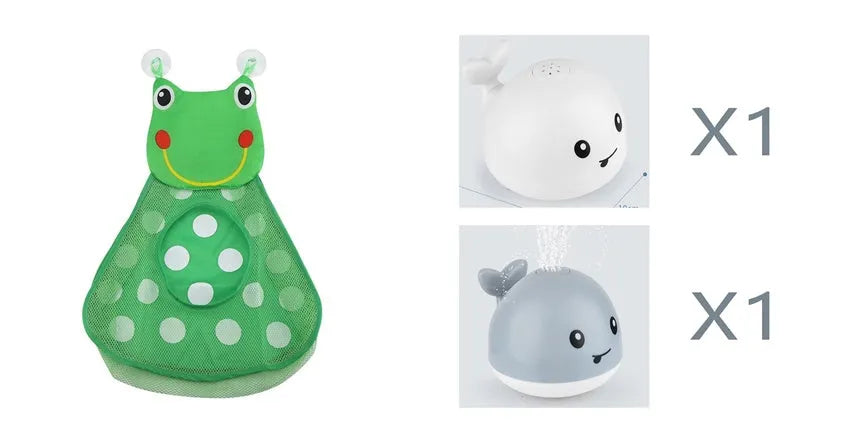 White and blue whale-shaped bath toy spraying water with LED lights on, floating in a baby bath