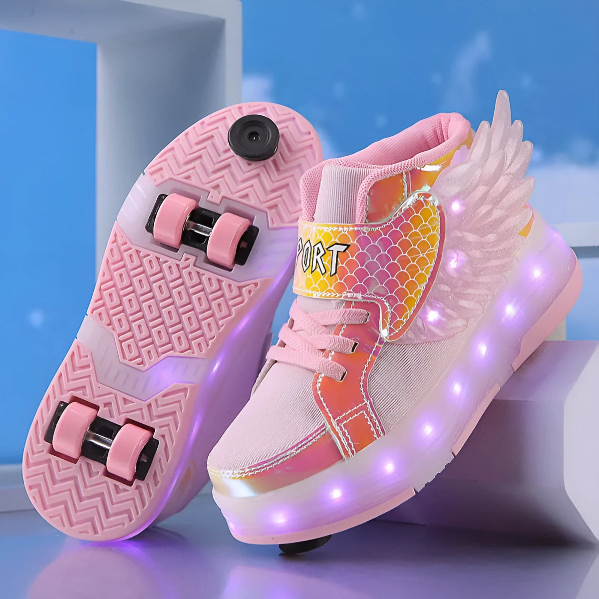 Children's double-wheel LED luminous rollerskate in black with glowing wheels, side view.